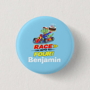 4th Birthday Dinosaur Race Car Ready Set 1 Inch Round Button