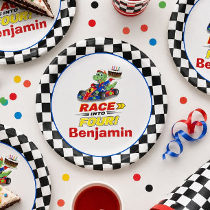  4th Birthday Dinosaur Race Car Ready Set  Paper Plate