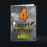 4th Birthday: Eerie Halloween Theme   Custom Name Card<br><div class="desc">The front of this spooky and scary Halloween themed birthday greeting card design features a large number “4”, along with the message “HAPPY BIRTHDAY, ”, and a customizable name. There are also depictions of a ghost and a bat on the front. The inside features a personalized birthday greeting message, or...</div>