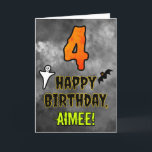 4th Birthday: Eerie Halloween Theme   Custom Name Card<br><div class="desc">The front of this spooky and scary Halloween themed birthday greeting card design features a large number “4”, along with the message “HAPPY BIRTHDAY, ”, and a customizable name. There are also depictions of a ghost and a bat on the front. The inside features a personalized birthday greeting message, or...</div>
