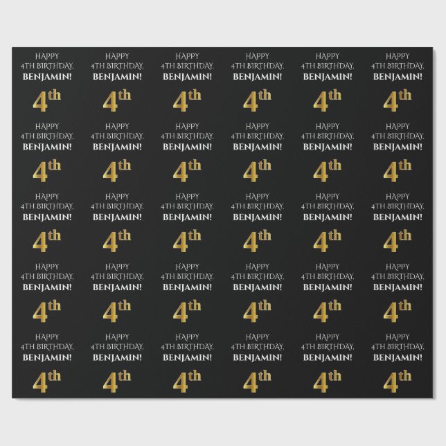 4th Birthday: Elegant, Black, Faux Gold Look Wrapping Paper (Flat)