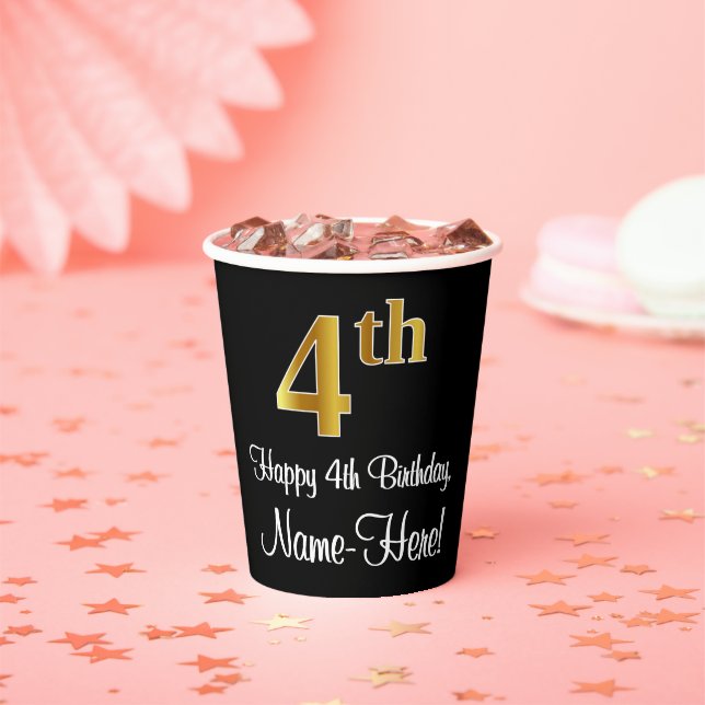 4th Birthday - Elegant Luxurious Faux Gold Look # Paper Cups (Insitu)