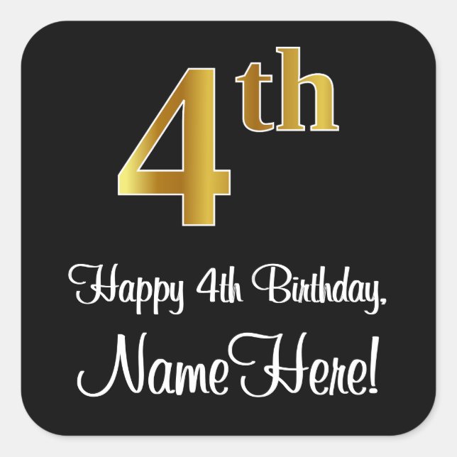 4th Birthday – Elegant Luxurious Faux Gold Look # Square Sticker (Front)