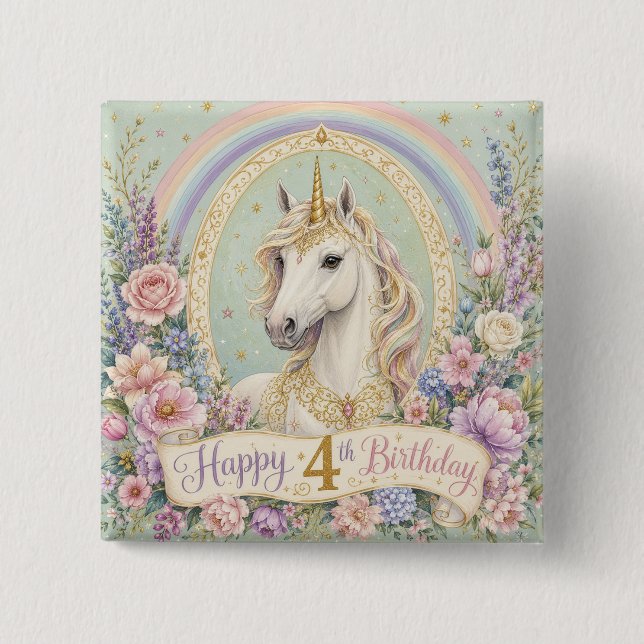 4th Birthday Elegant Unicorn Rainbow  2 Inch Square Button (Front)