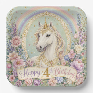 4th Birthday Elegant Unicorn Rainbow Paper Plate