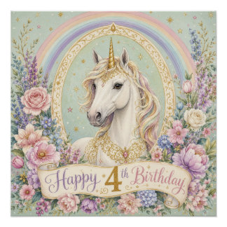 4th Birthday Elegant Unicorn Rainbow Poster