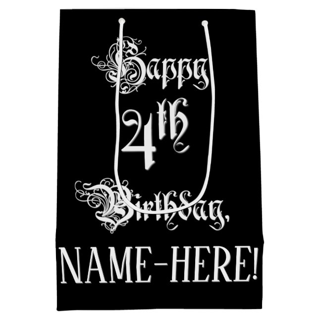 4th Birthday: Fancy, Elegant Script + Custom Name Medium Gift Bag (Back)
