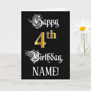 4th Birthday — Fancy Script; Faux Gold Look; Name Card