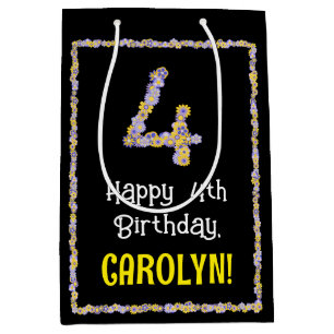 4th Birthday: Floral Flowers Number, Custom Name Medium Gift Bag