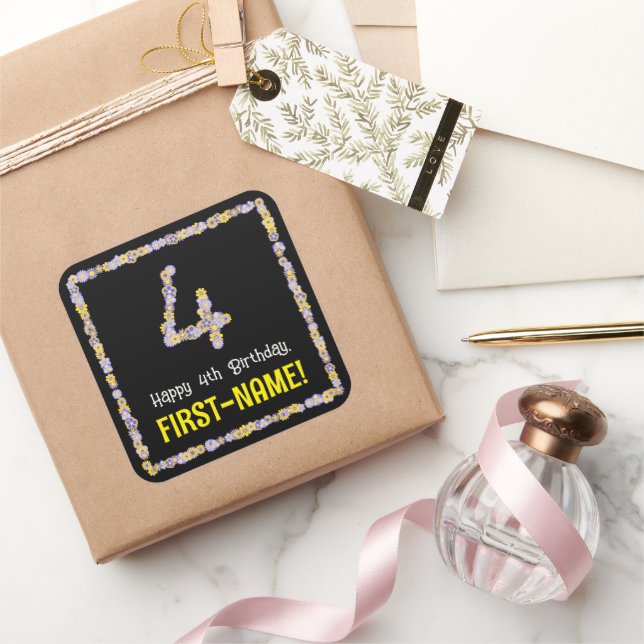 4th Birthday: Floral Flowers Number, Custom Name Square Sticker (Gifting)