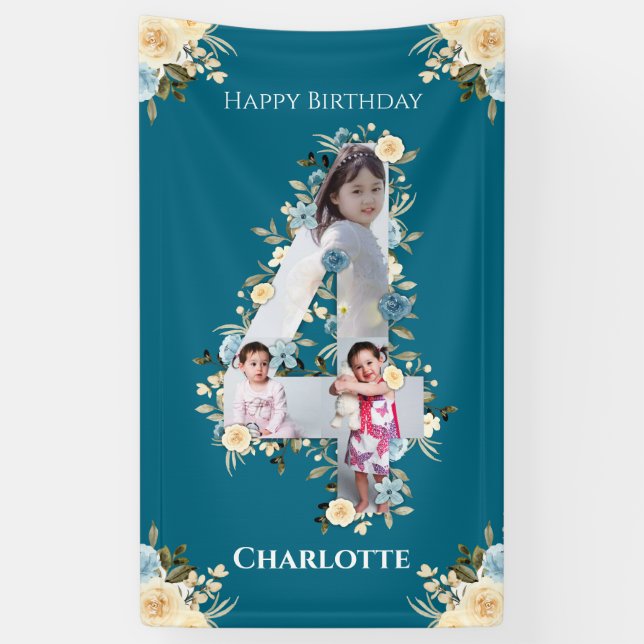 4th Birthday Flower Teal Photo Collage Blue Yellow Banner (Vertical)