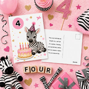 4th Birthday for Girls Sweet Zebra Postcard 