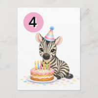 4th Birthday for Girls Sweet Zebra Postcard 