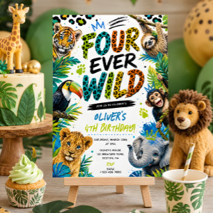 4th Birthday Four Ever Wild Animals Party Invitation