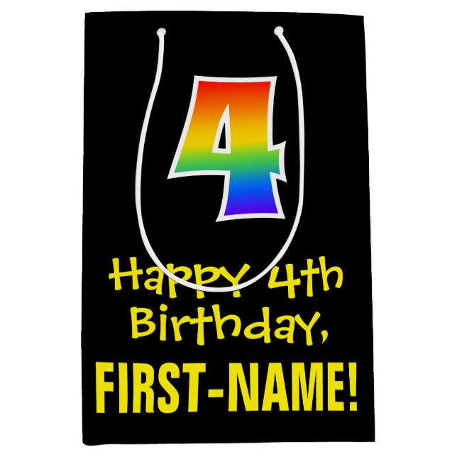 4th Birthday: Fun, Bold, Colourful, Rainbow "4" Medium Gift Bag (Front)