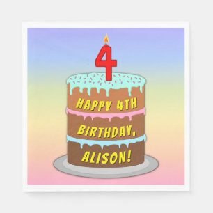 4th Birthday: Fun Cake and Candle + Custom Name Napkin