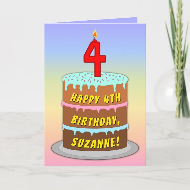 4th Birthday — Fun Cake & Candle, With Custom Name Card (Front)