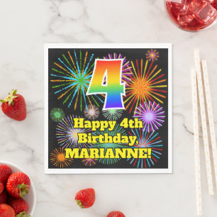 4th Birthday: Fun Fireworks Pattern + Rainbow 4 Napkin