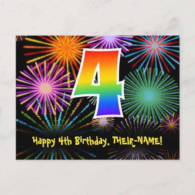 4th Birthday – Fun Fireworks Pattern + Rainbow 4 Postcard (Front)