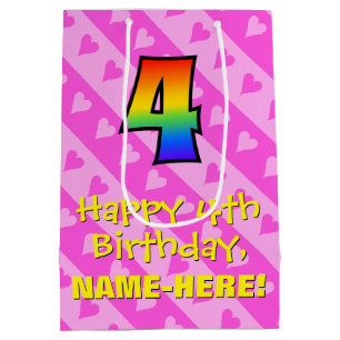 4th Birthday: Fun Pink Hearts Stripes & Rainbow 4 Medium Gift Bag