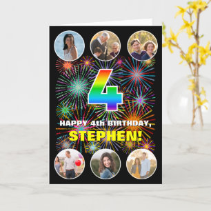 4th Birthday: Fun Rainbow #, Custom Name & Photos Card