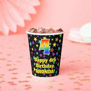 4th Birthday: Fun Stars Pattern and Rainbow 4 Paper Cups