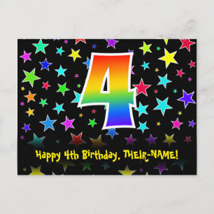 4th Birthday: Fun Stars Pattern, Rainbow 4, Name Postcard