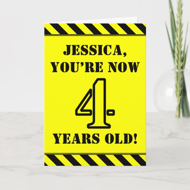 4th Birthday: Fun Stencil Style Text, Custom Name Card (Front)