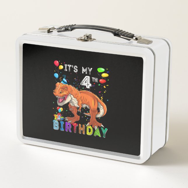 4th Birthday Gifts Kids Boys Dino T Rex Dinosaur Metal Lunch Box (Front)