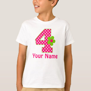 4th Birthday Girl Pink and Green Flower T-shirt