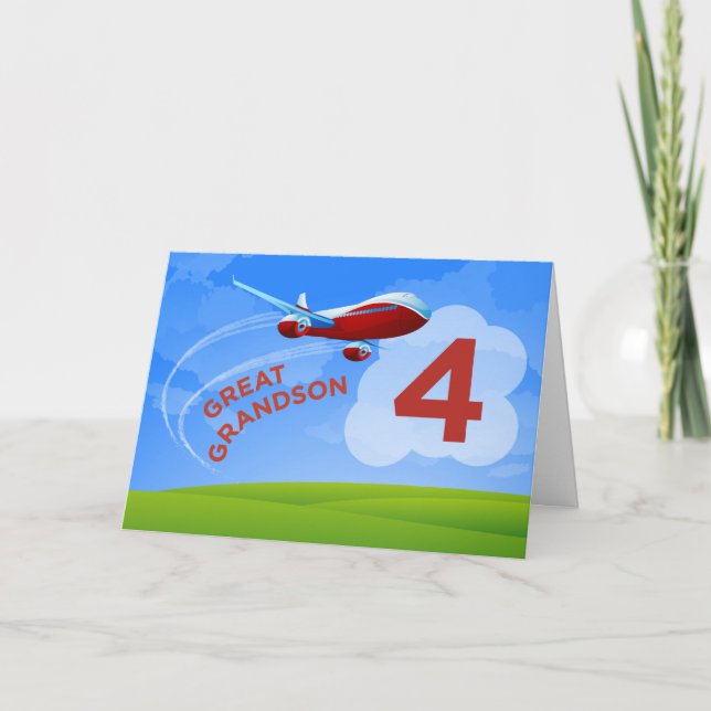 4th Birthday, Great Grandson, Red Airplane Card (Front)