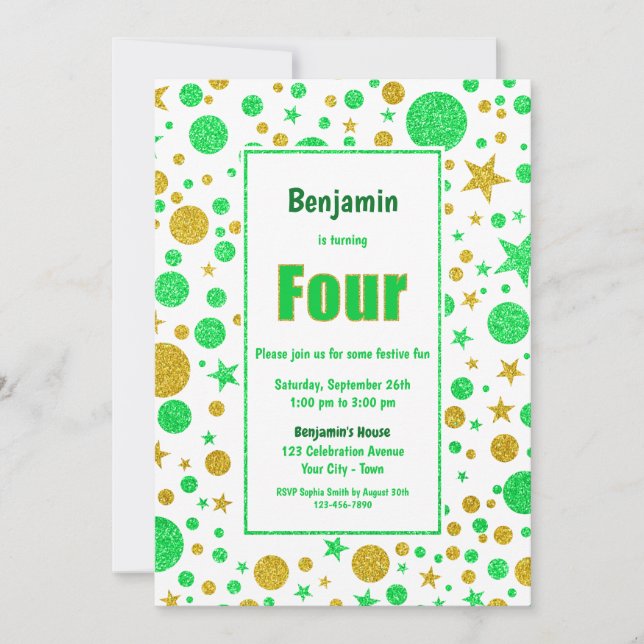 4th Birthday Green and Gold Spots and Stars Party Invitation (Front)