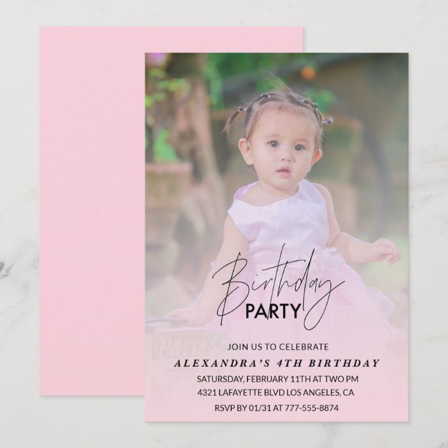 4th birthday invitation Birthday Party Photo pink (Front/Back)