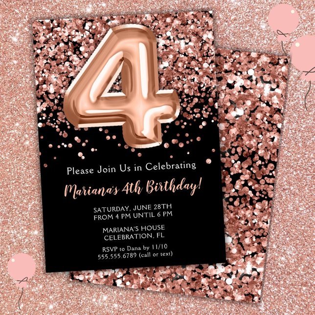 4th Birthday Invitation Black Rose Gold Glitter (Creator Uploaded)