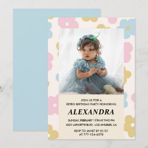 4th birthday invitation Retro Groovy Flowers Cute