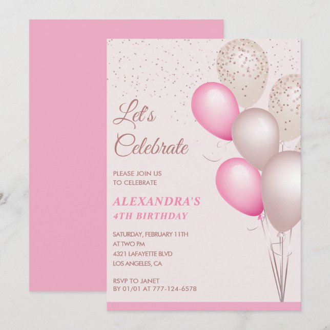 4th birthday invitations Balloons Pink Confetti (Front/Back)