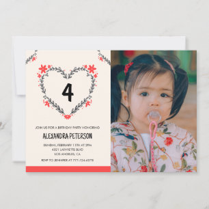 4th birthday invitations for her Floral Heart
