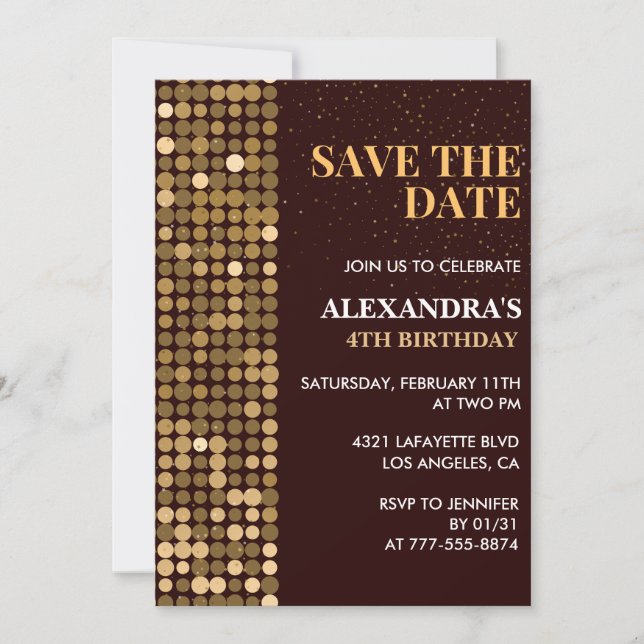 4th birthday invitations Save the date Gold (Front)
