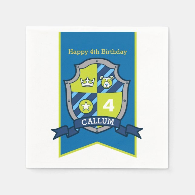 4th birthday knight bear shield kids party napkin (Front)