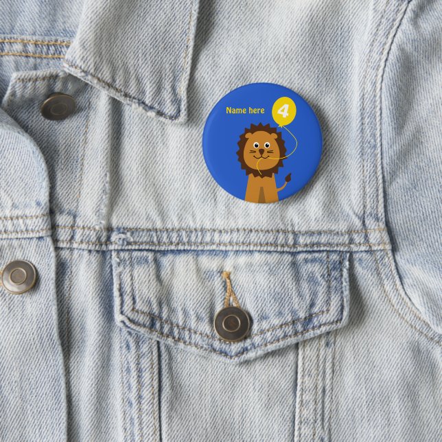4th birthday lion add name blue 2 inch round button (In Situ)