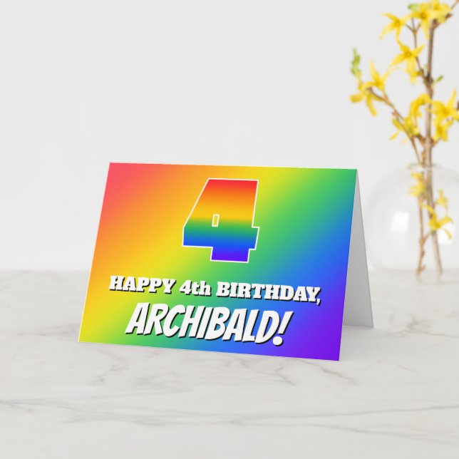 4th Birthday: Multicolored Rainbow Pattern # 4 Card (Yellow Flower)