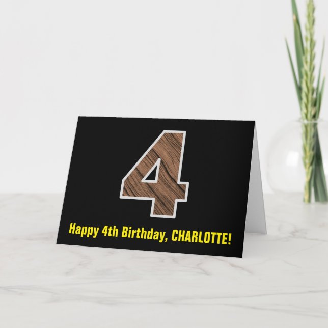 4th Birthday: Name + Faux Wood Grain Pattern "4" Card (Front)