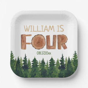 4th Birthday Name Watercolor Green Trees  Paper Plate