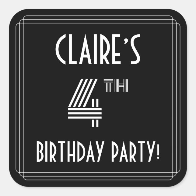 4th Birthday Party: Art Deco Style & Custom Name Square Sticker (Front)