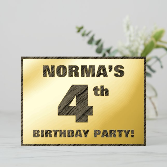4th Birthday Party — Bold, Faux Wood Grain Text (Standing Front)