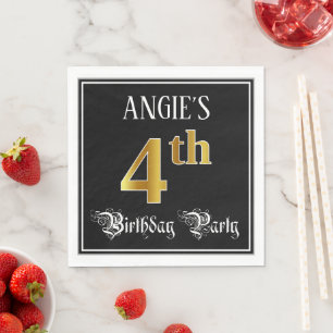 4th Birthday Party — Fancy Script, Faux Gold Look Napkin