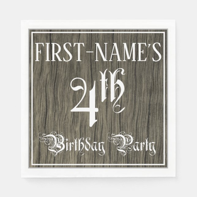 4th Birthday Party — Fancy Script, Faux Wood Look Napkin (Front)