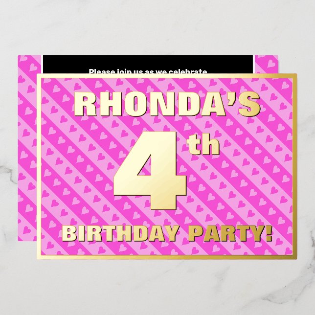 4th Birthday Party — Fun Pink Hearts and Stripes (Front/Back)