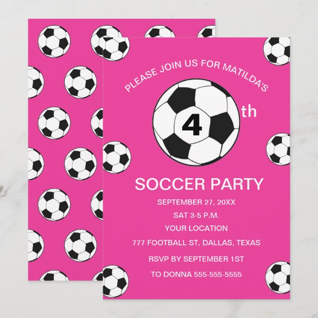 4th Birthday Party Soccer Pink Girls Sports Invitation (Front/Back)