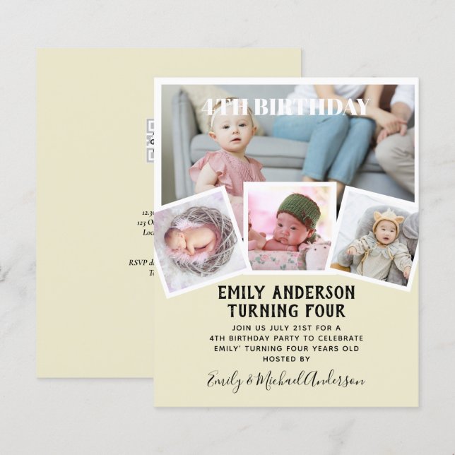4TH Birthday Photo Collage Invite Boy Girl Mixed (Front/Back)